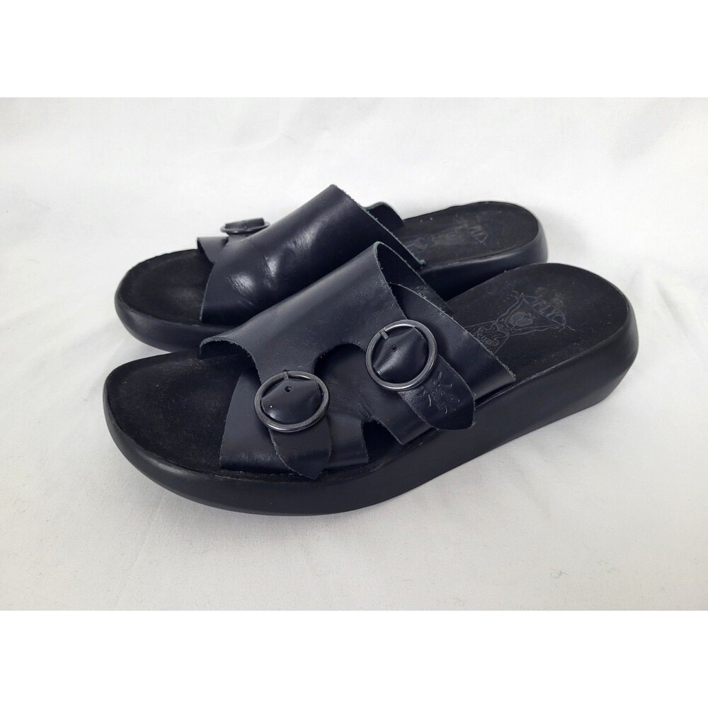 FLY London Black Leather Platform Sandals Size 39 US 8 8.5 Dual Buckle